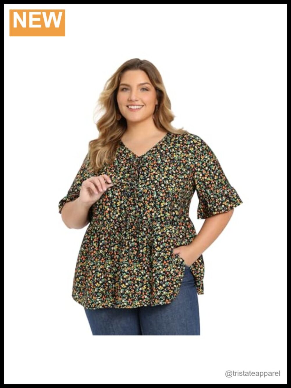 Plus Size V Neck Floral Peplum Blouse Ruffle Sleeve